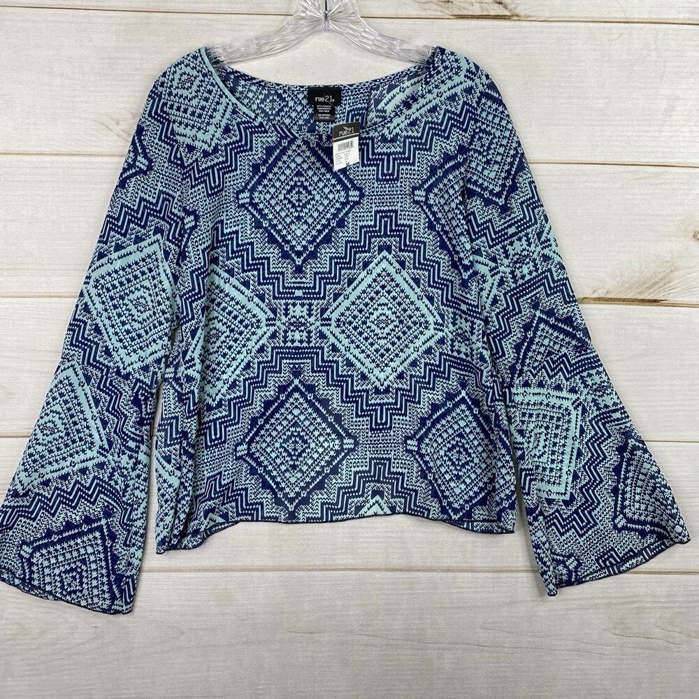 Rue 21 Top Womens M Blue Sheer Split Back Geometric Print Long Bell Sleeve NWT